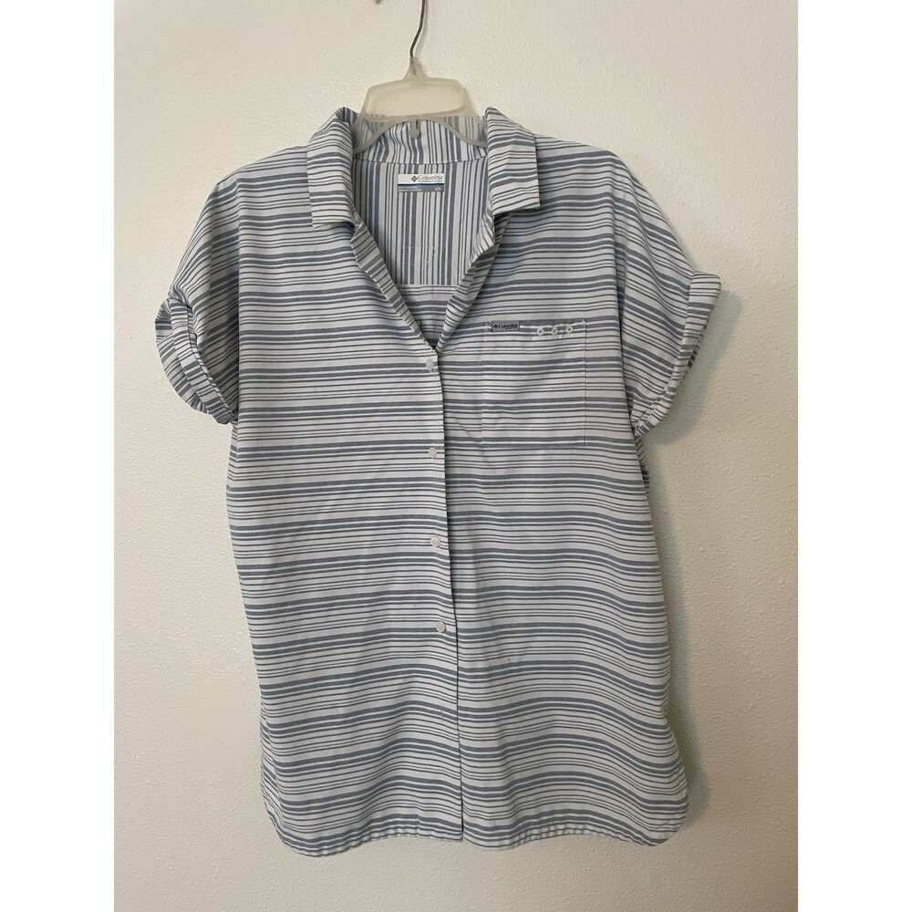 Columbia Button Up Shirt Womens Size Large Blue White Striped Cuffed Sleeve